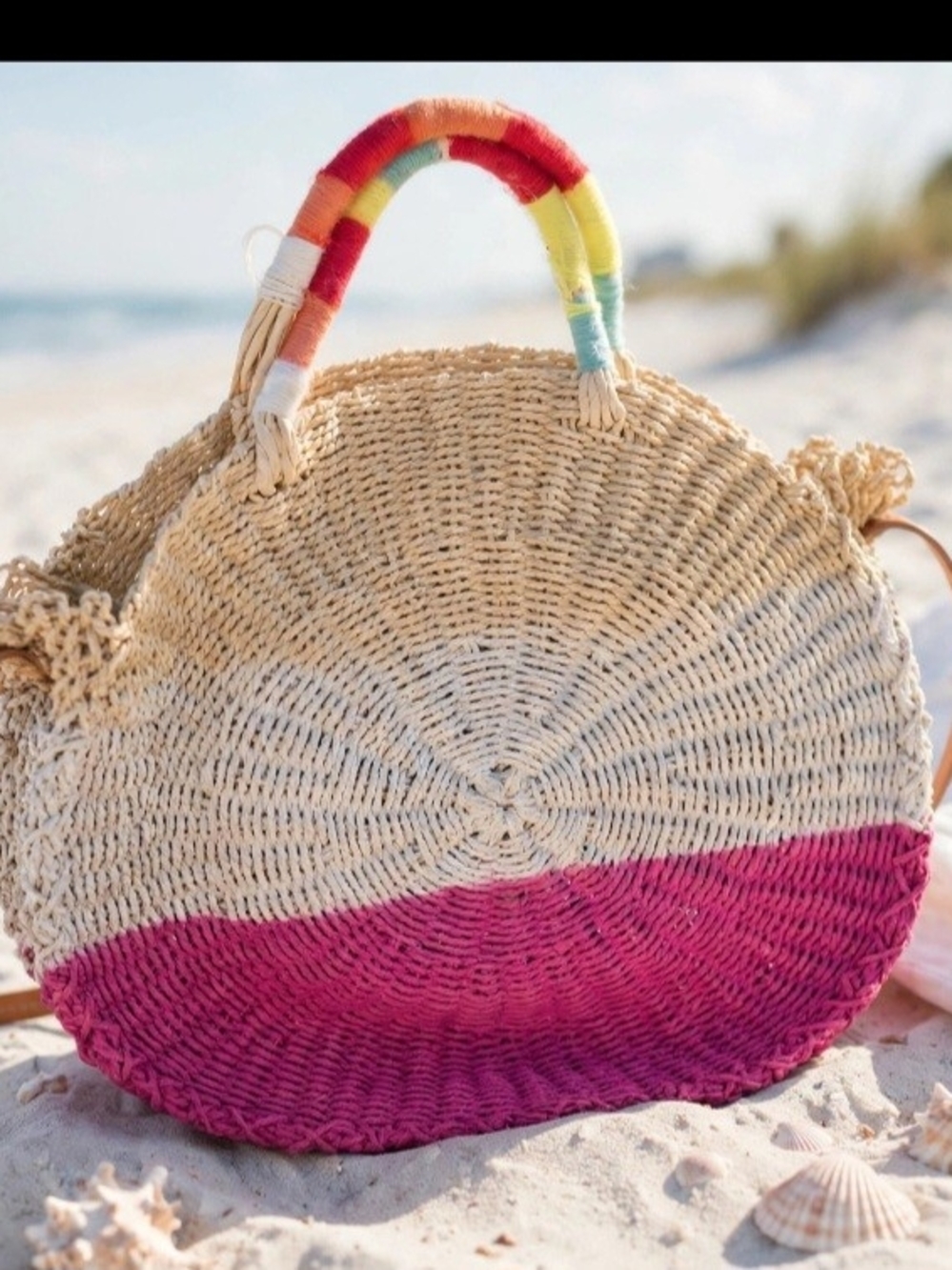 J. Crew Round Woven Tote with Pink Dip and Rainbow-Wrapped Handle